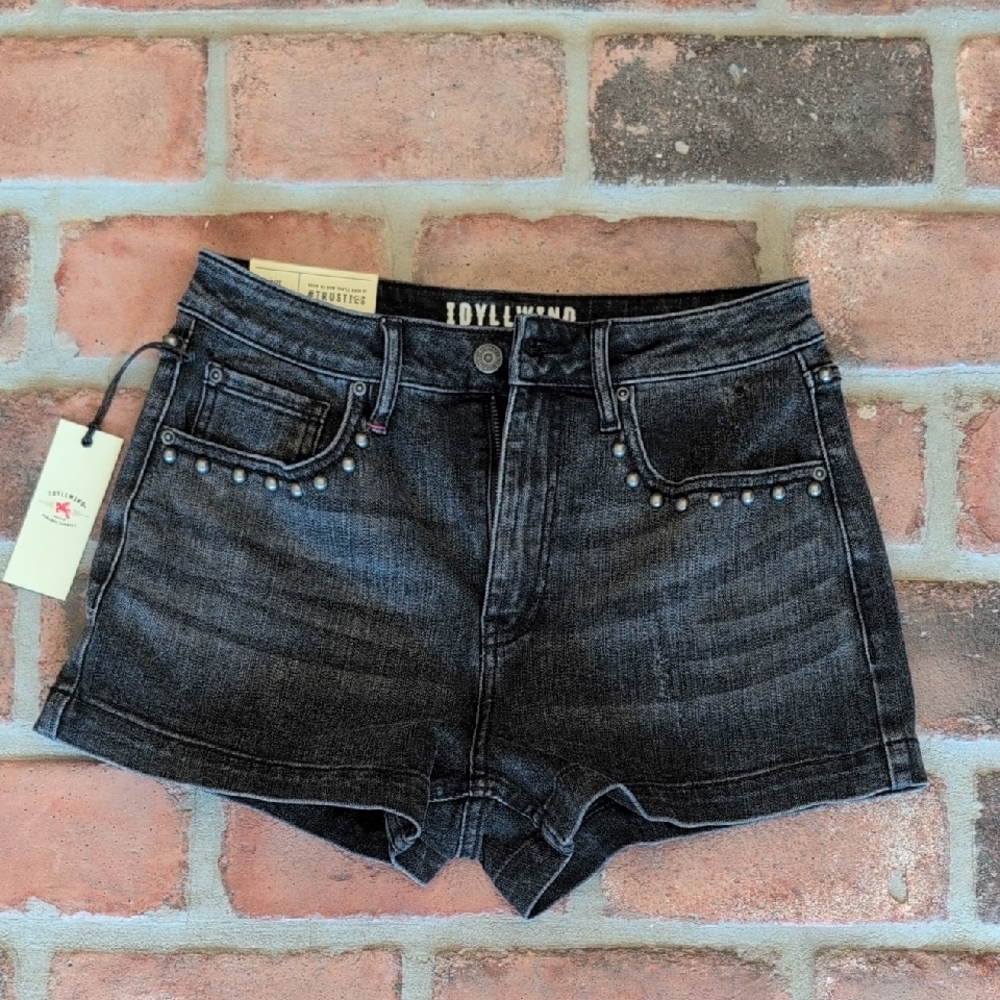 Idyllwind Black Jean Shorts with Distressed Look and Studded Details